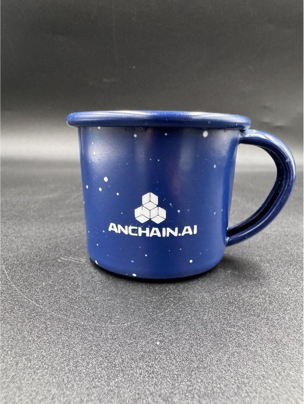 AnChain.AI Small Espresso Shot Mug Blue Speckled Enamel Crypto Swag Near Mint Co